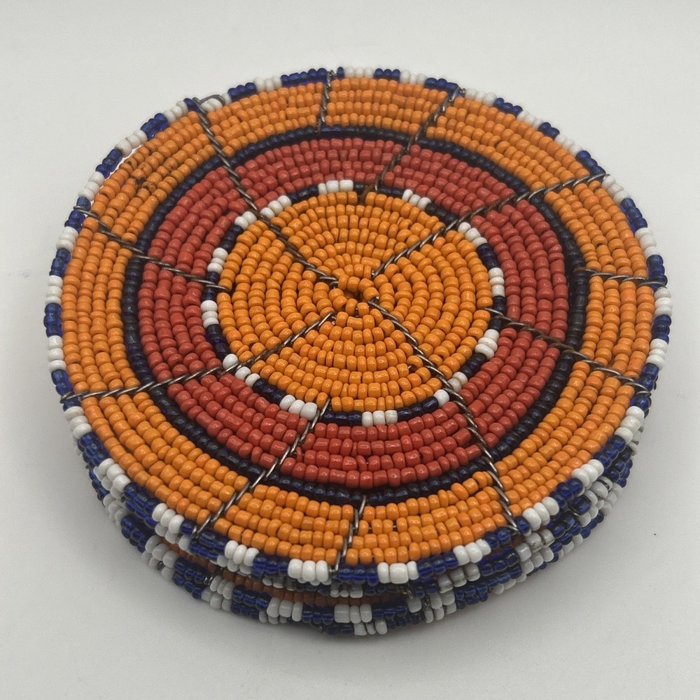 6 Handmade Seed Bead Coasters Round Beaded Trivet Orange Red Blue White Boho